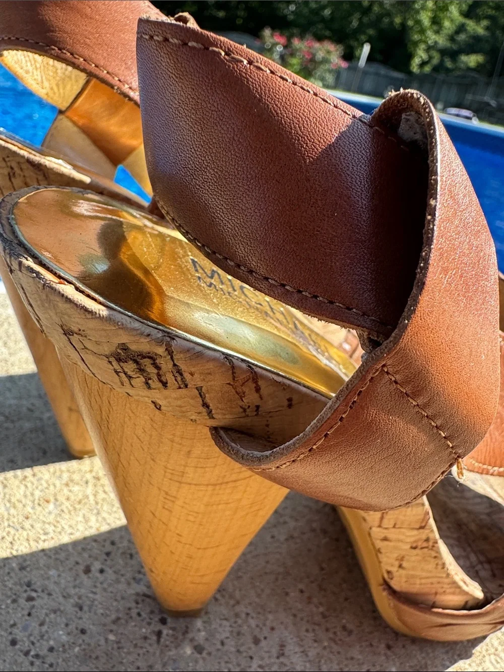 MICHAEL Michael Kors Brown Leather Cork-Accent Wedge Sandals 4 1/2 inches